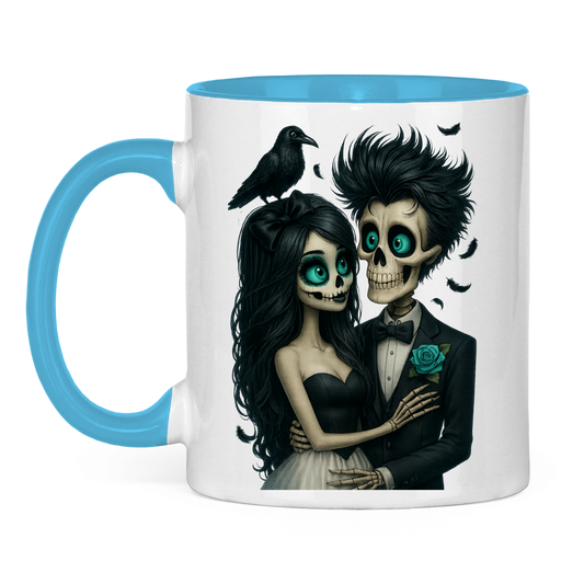 Tasse zweifarbig Skelett Paar und Rabe