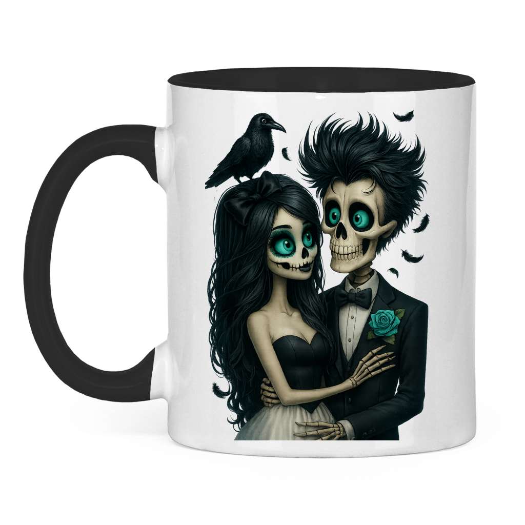 Tasse zweifarbig Skelett Paar und Rabe