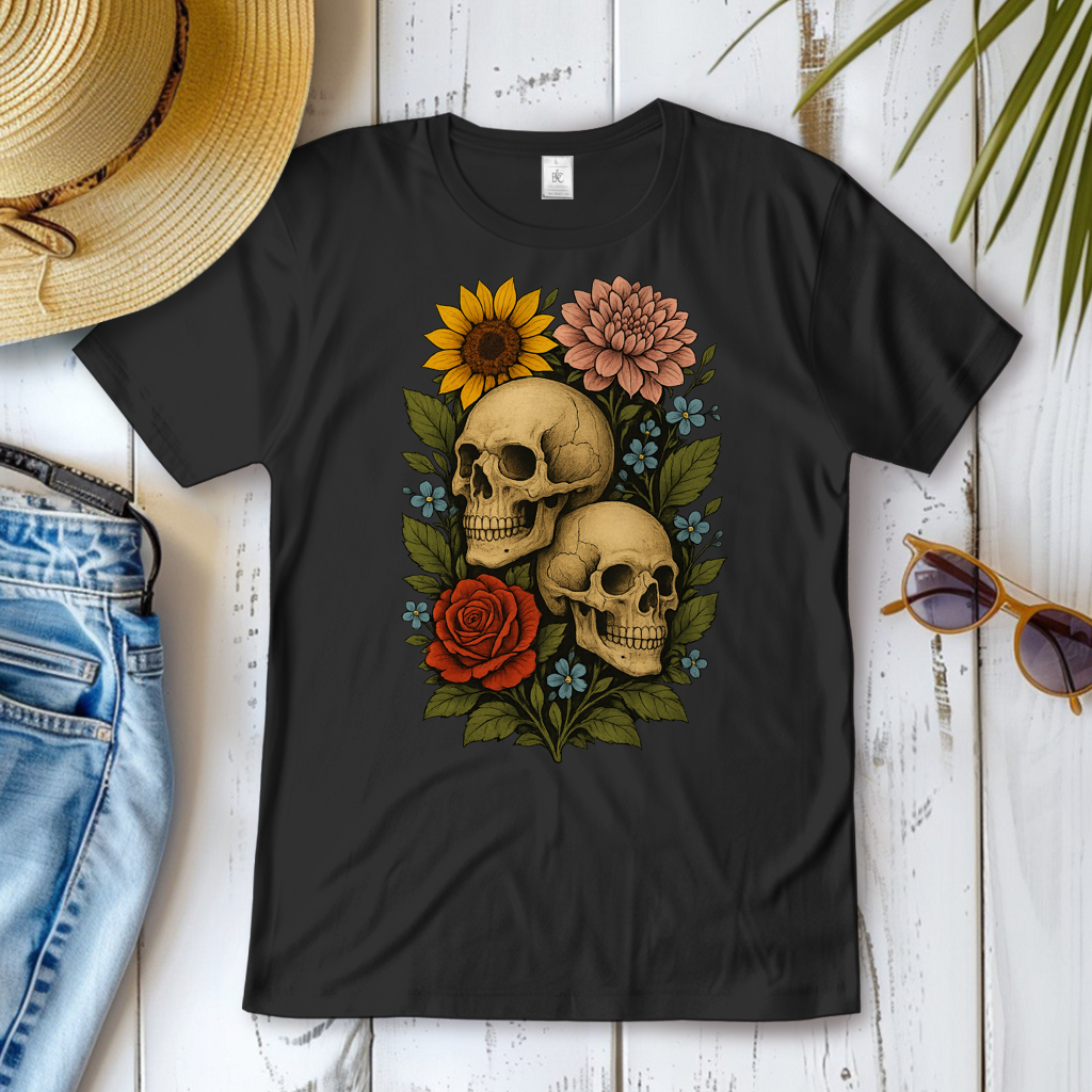 Damen T-Shirt Schädel zwischen Blumen