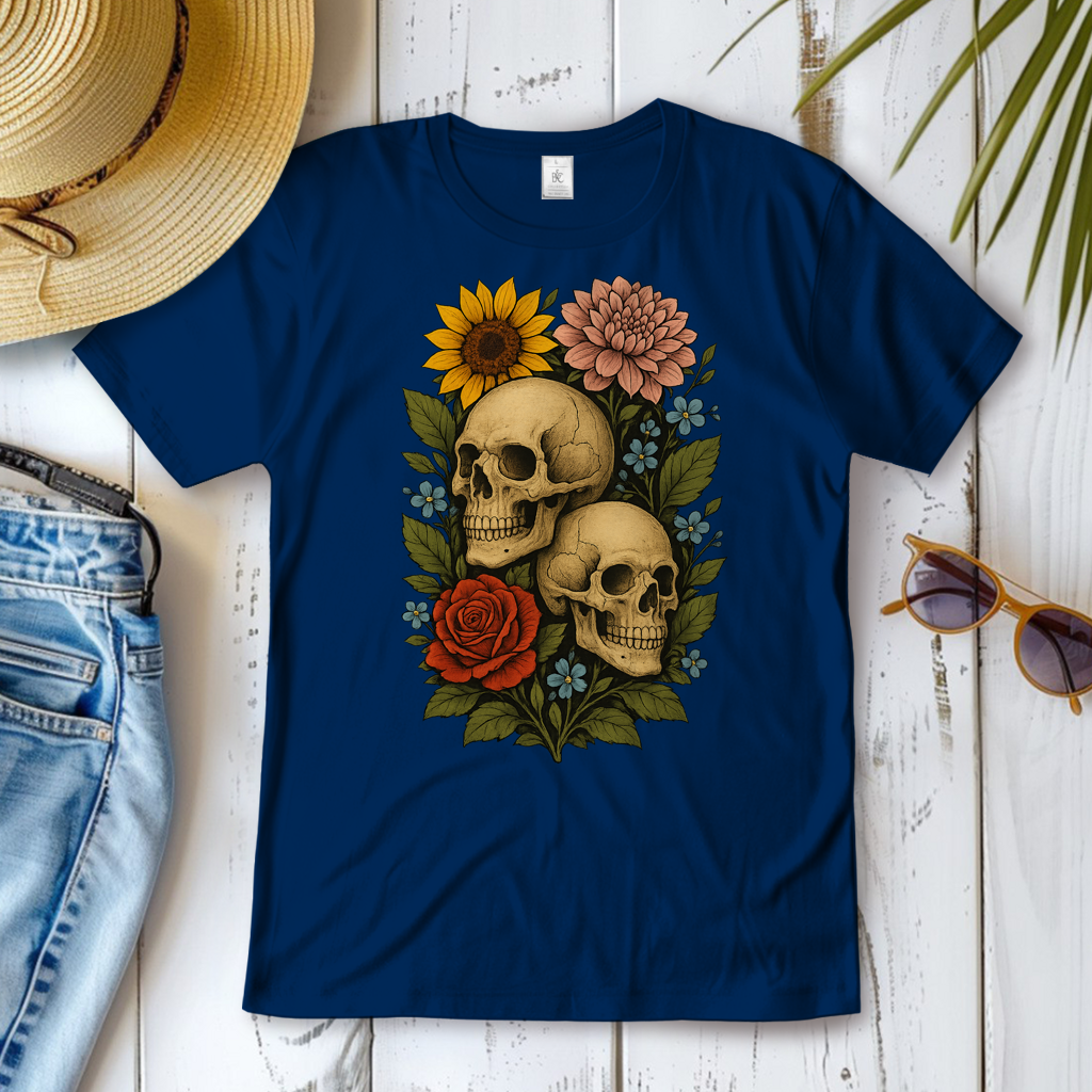 Damen T-Shirt Schädel zwischen Blumen