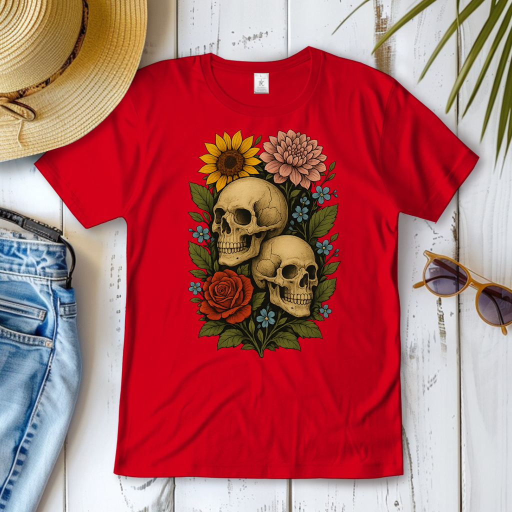 Damen T-Shirt Schädel zwischen Blumen
