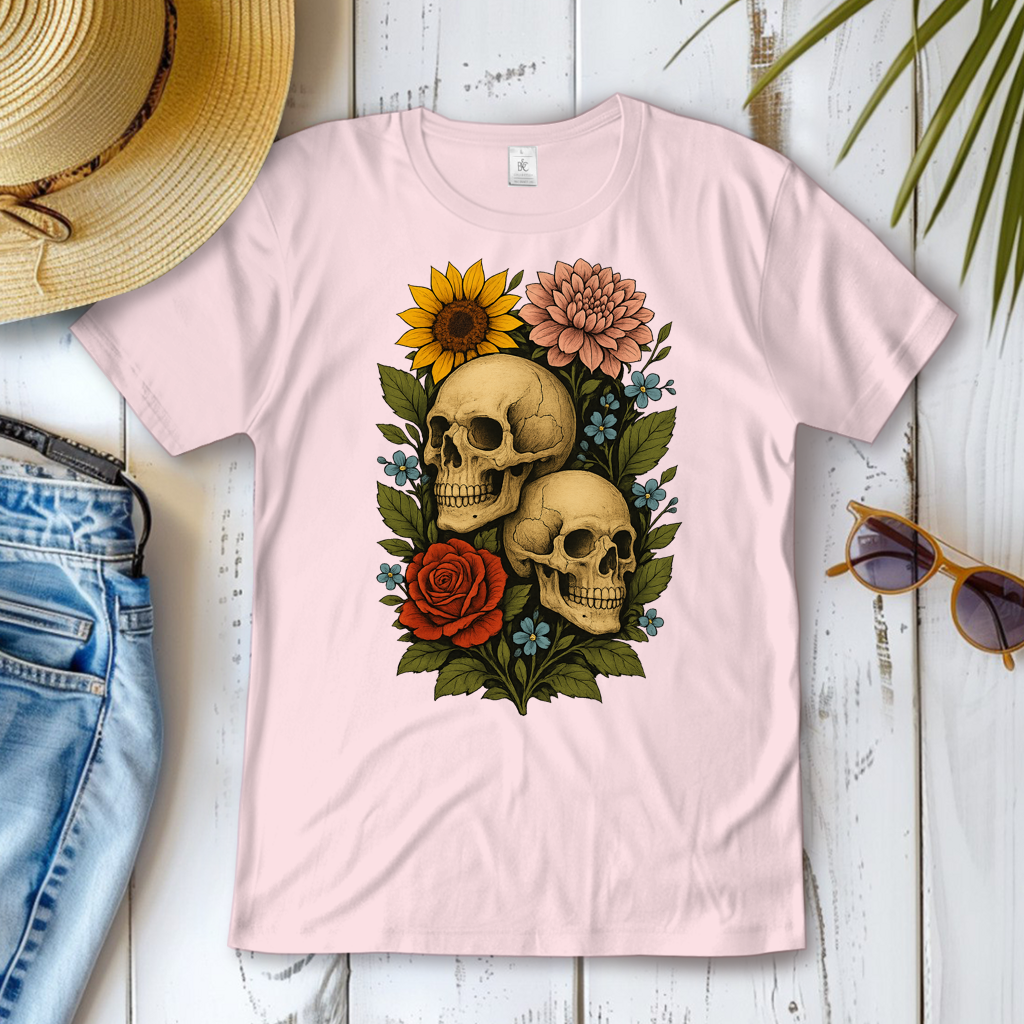 Damen T-Shirt Schädel zwischen Blumen