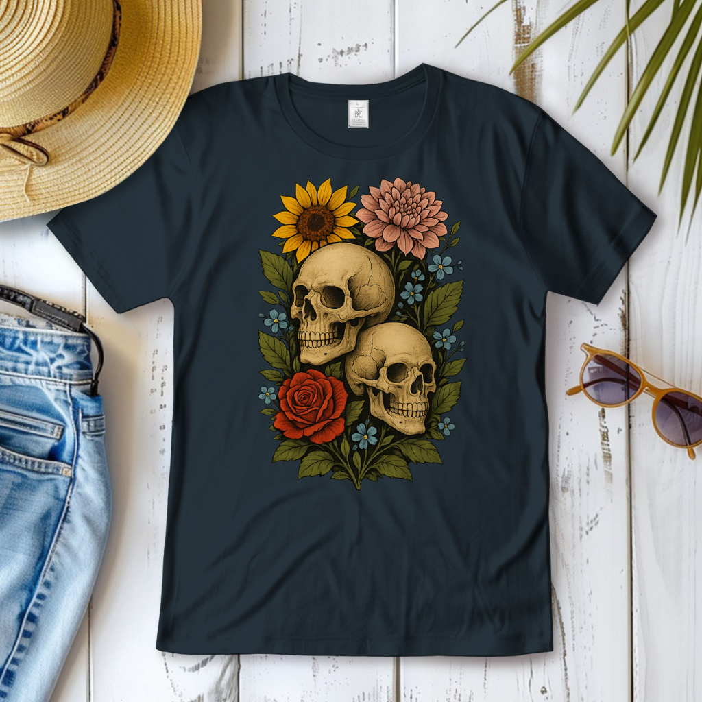 Damen T-Shirt Schädel zwischen Blumen
