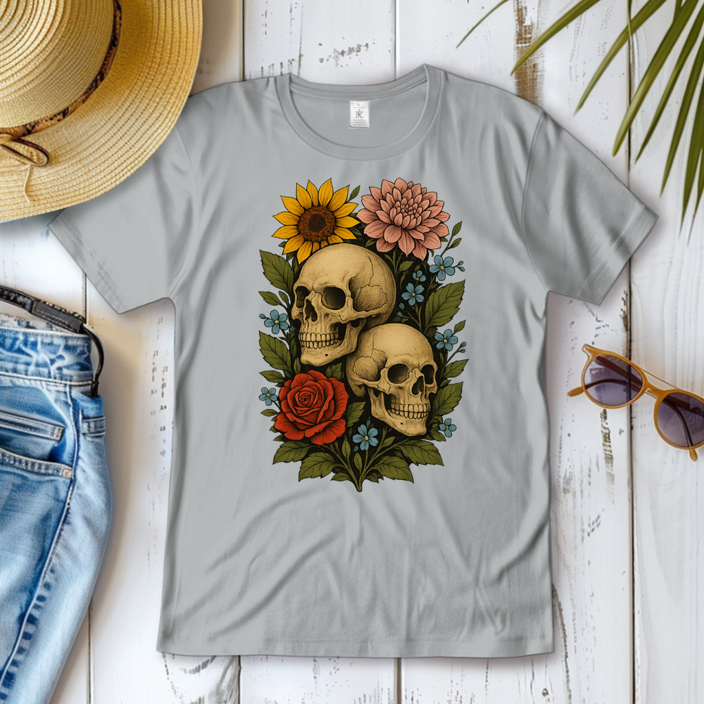 Damen T-Shirt Schädel zwischen Blumen