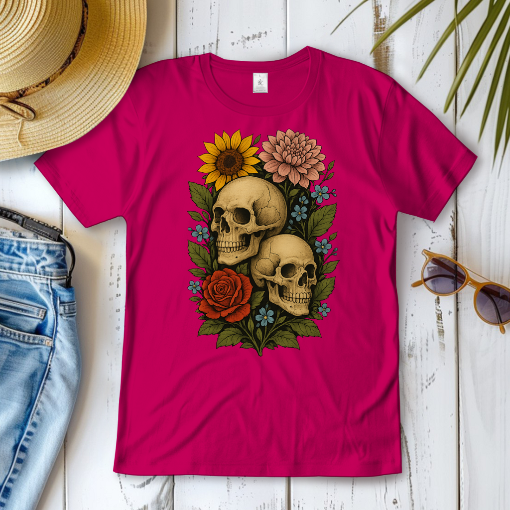 Damen T-Shirt Schädel zwischen Blumen