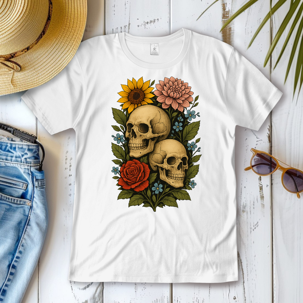 Damen T-Shirt Schädel zwischen Blumen