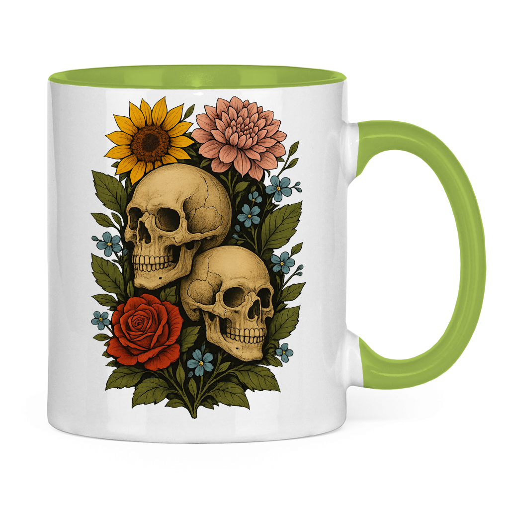 Tasse zweifarbig Schädel zwischen Blumen
