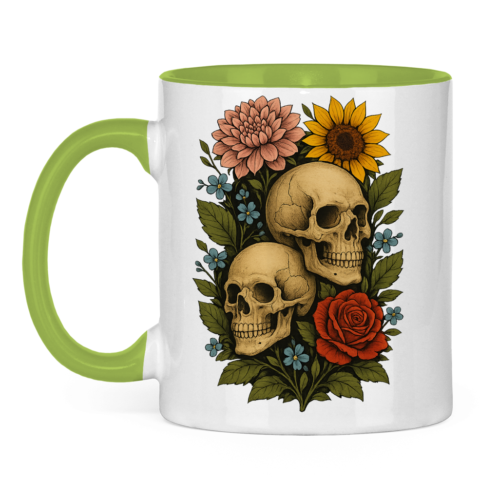 Tasse zweifarbig Schädel zwischen Blumen