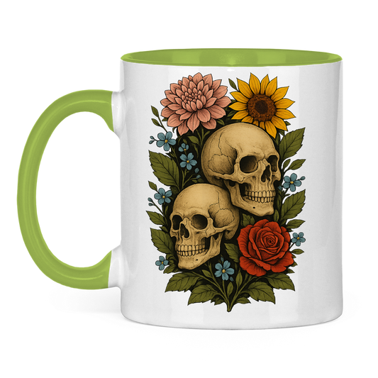 Tasse zweifarbig Schädel zwischen Blumen