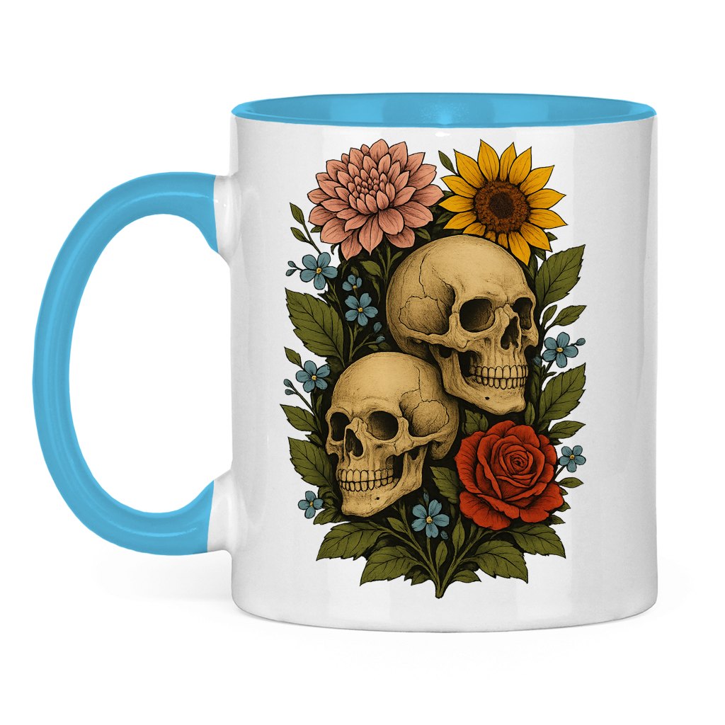 Tasse zweifarbig Schädel zwischen Blumen