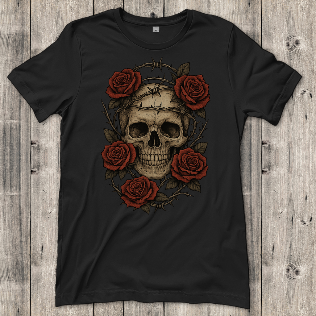 Damen T-Shirt Schädel mit Stacheldraht und Rosen