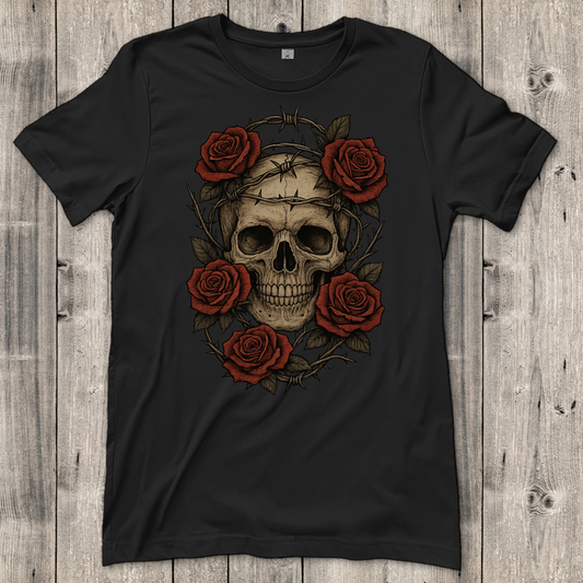 Damen T-Shirt Schädel mit Stacheldraht und Rosen