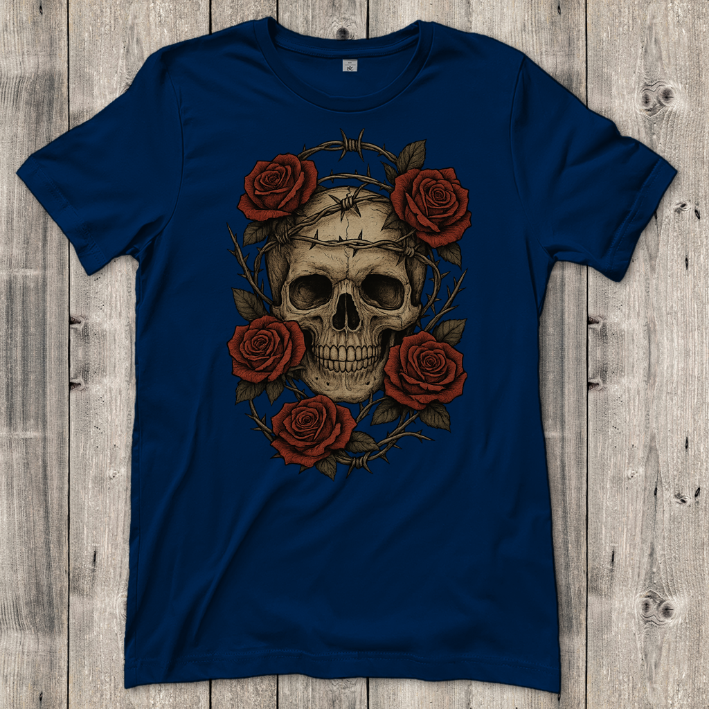 Damen T-Shirt Schädel mit Stacheldraht und Rosen