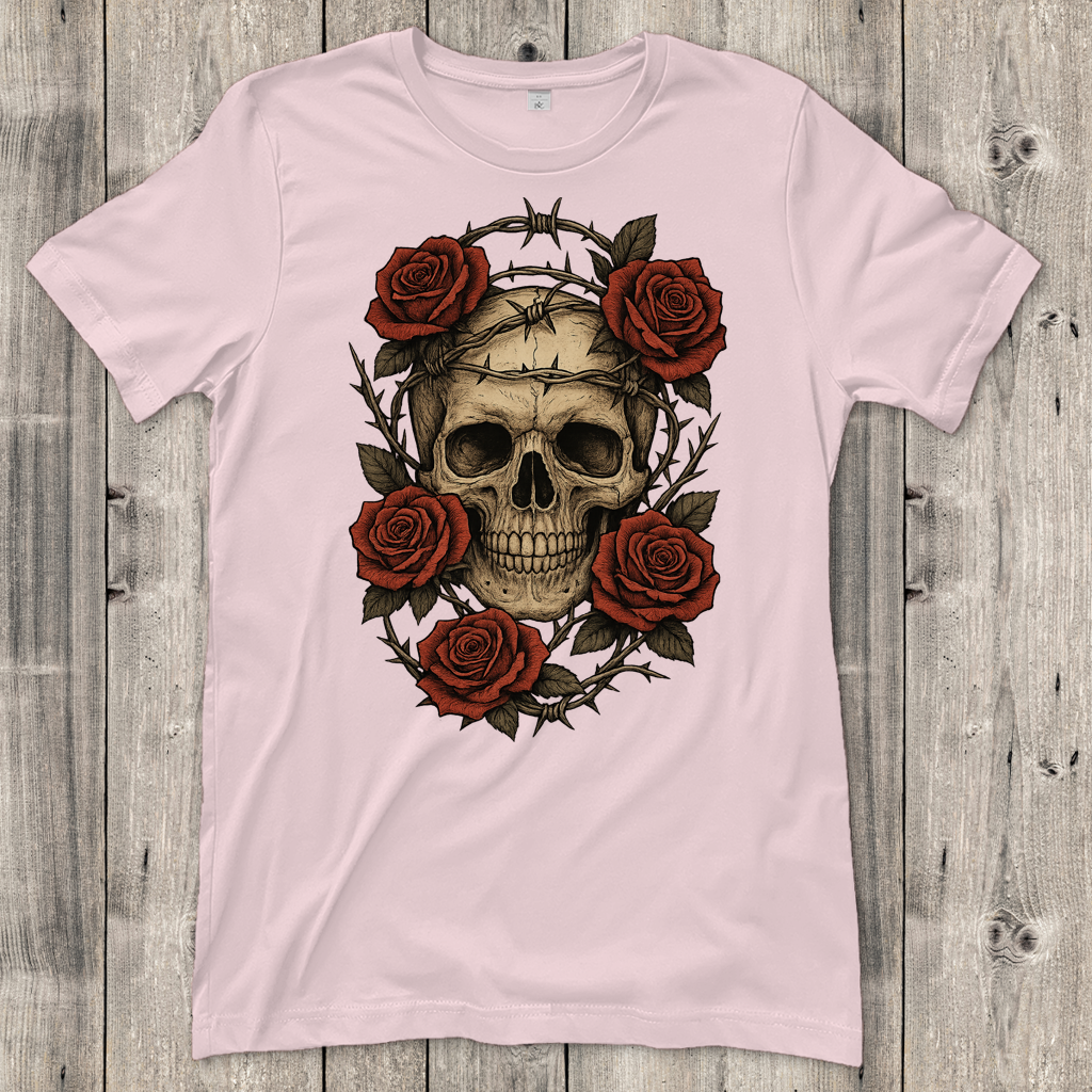 Damen T-Shirt Schädel mit Stacheldraht und Rosen