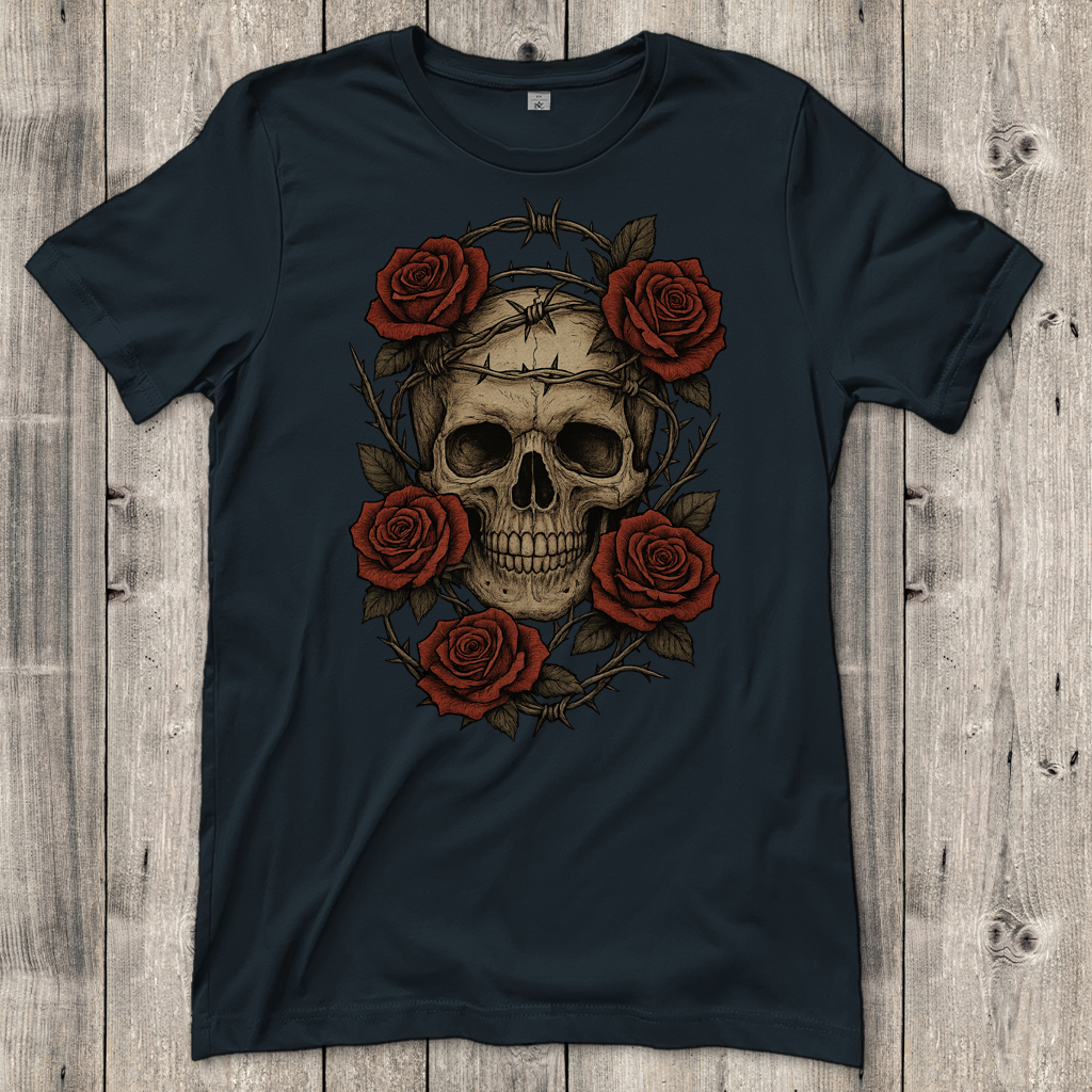 Damen T-Shirt Schädel mit Stacheldraht und Rosen