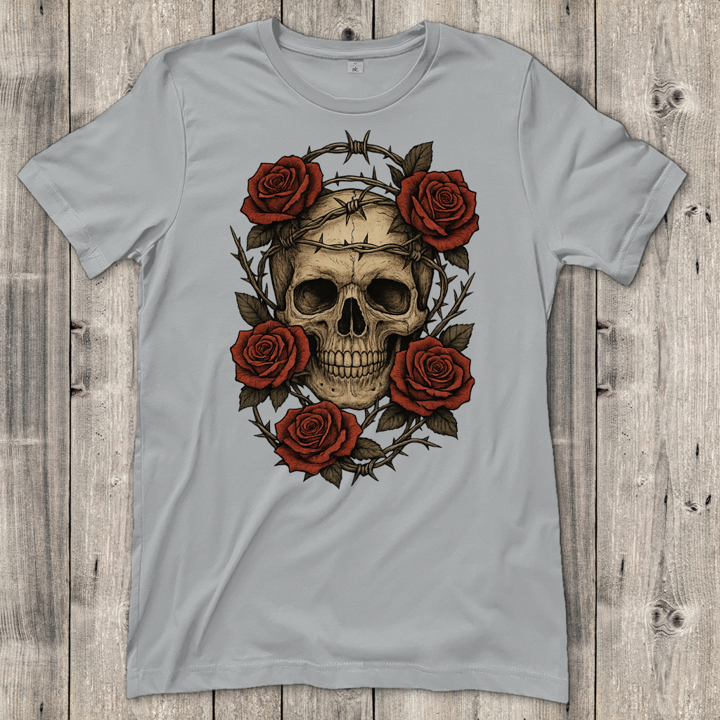 Damen T-Shirt Schädel mit Stacheldraht und Rosen