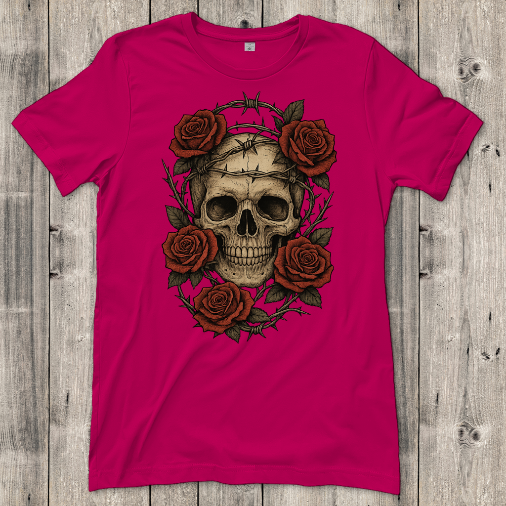 Damen T-Shirt Schädel mit Stacheldraht und Rosen