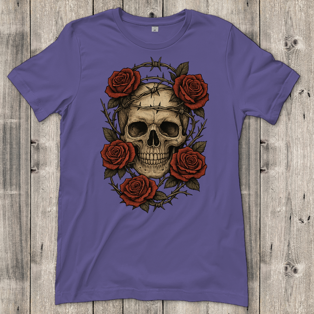Damen T-Shirt Schädel mit Stacheldraht und Rosen