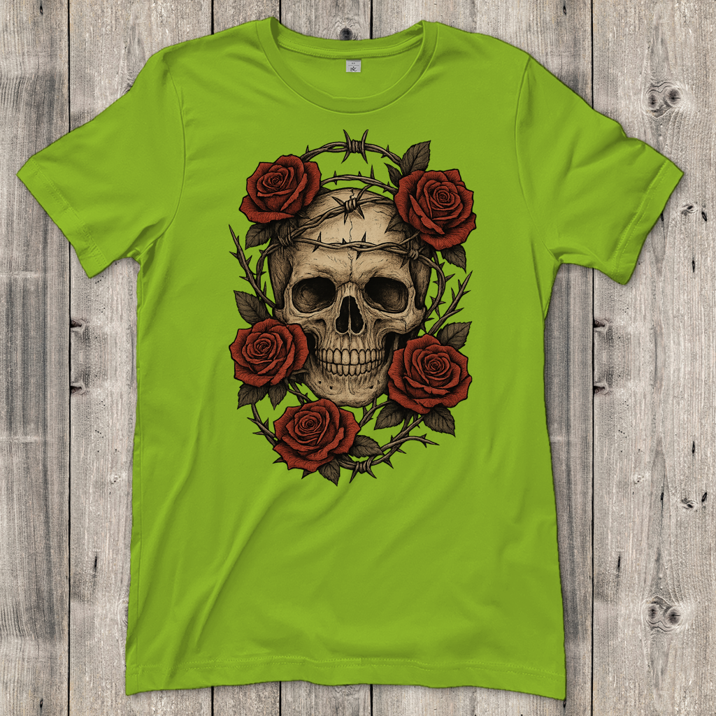 Damen T-Shirt Schädel mit Stacheldraht und Rosen