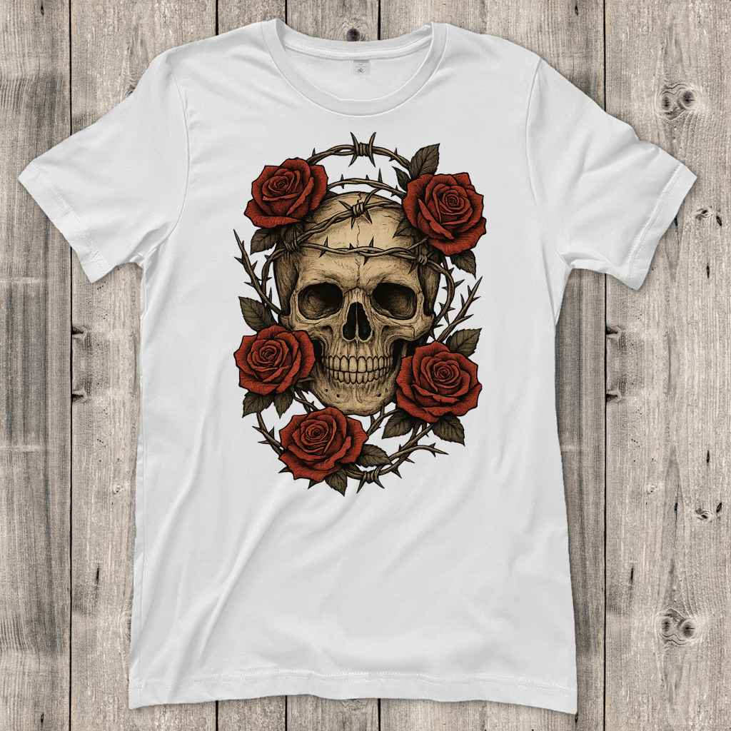 Damen T-Shirt Schädel mit Stacheldraht und Rosen