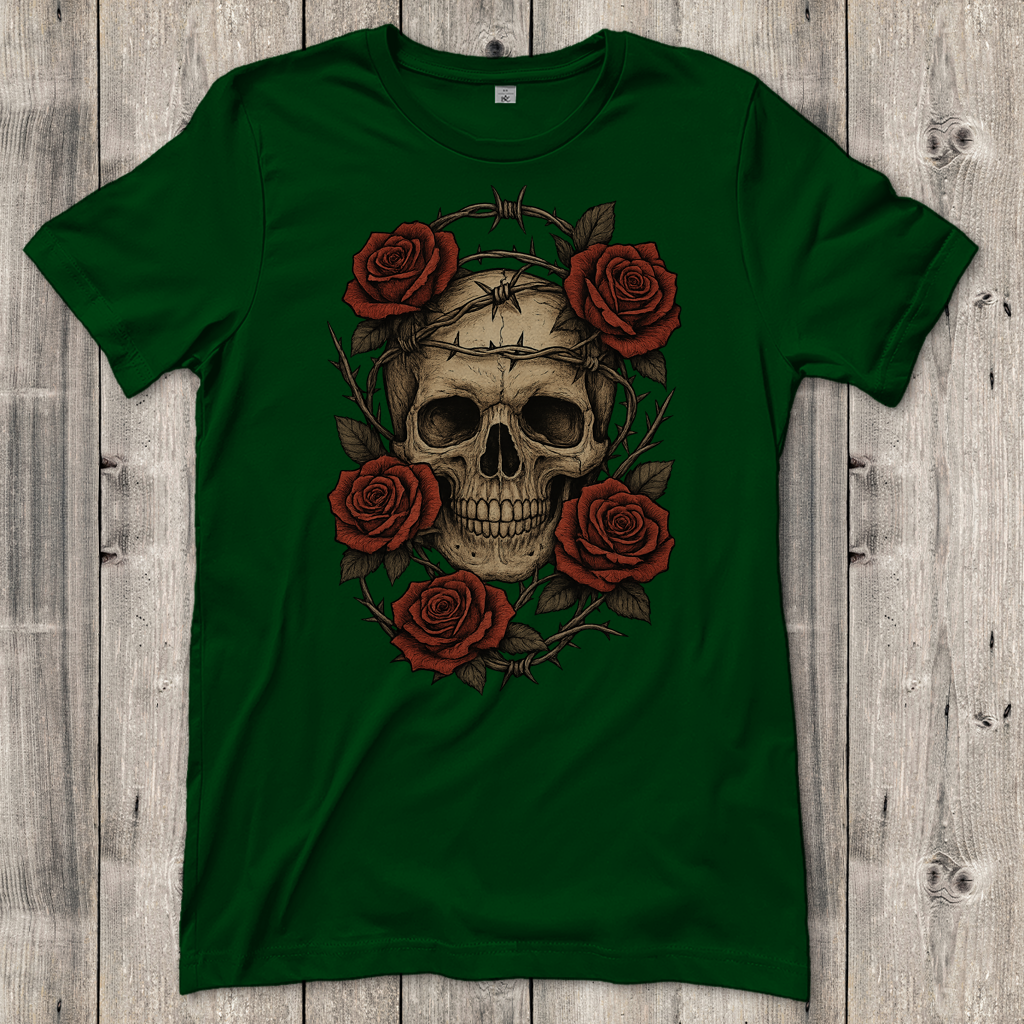 Damen T-Shirt Schädel mit Stacheldraht und Rosen