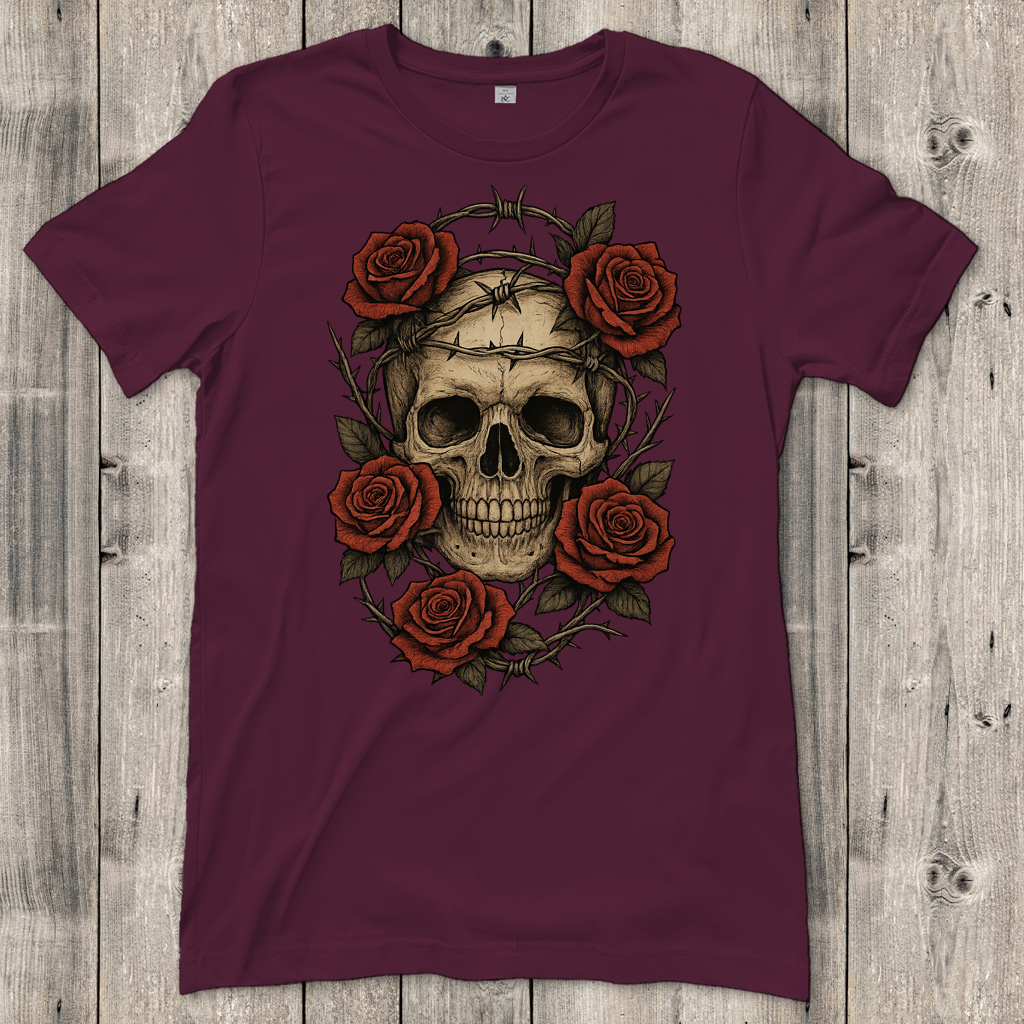 Damen T-Shirt Schädel mit Stacheldraht und Rosen