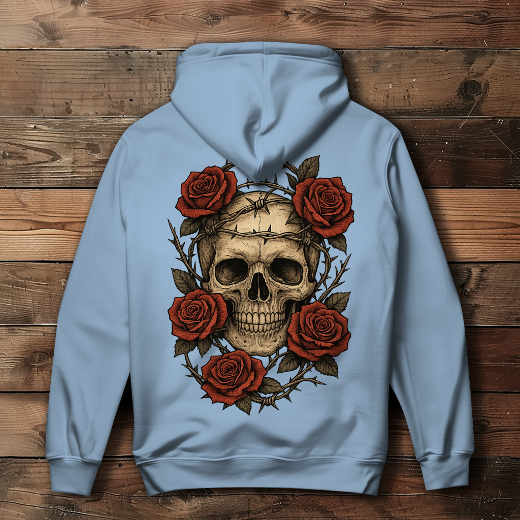 Damen Hoodie Schädel mit Stacheldraht und Rosen