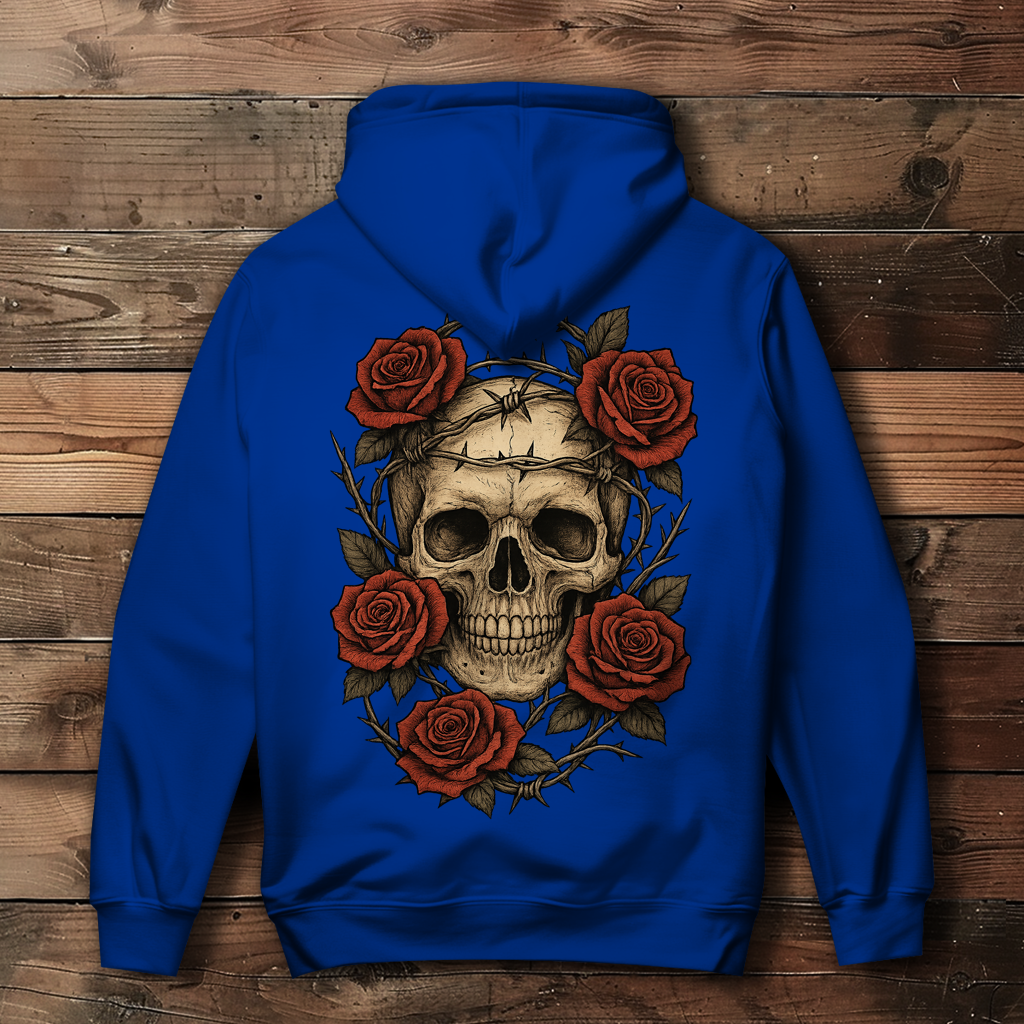 Damen Hoodie Schädel mit Stacheldraht und Rosen