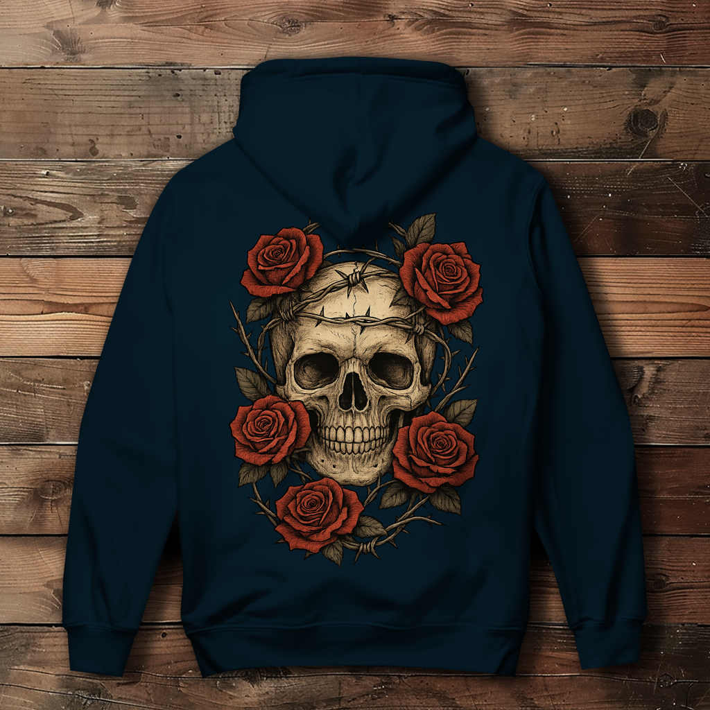 Damen Hoodie Schädel mit Stacheldraht und Rosen
