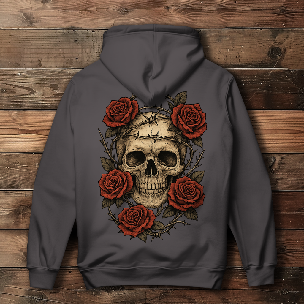 Damen Hoodie Schädel mit Stacheldraht und Rosen
