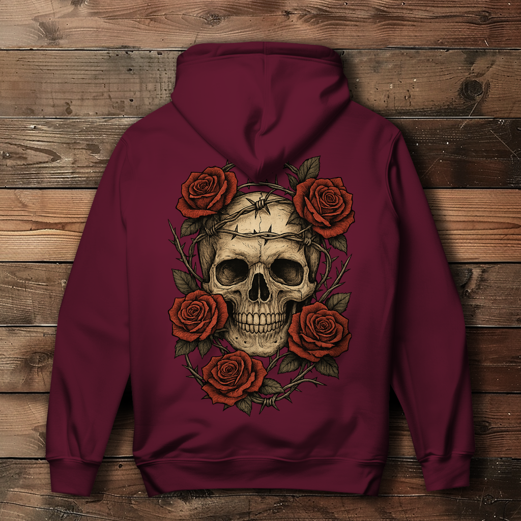 Damen Hoodie Schädel mit Stacheldraht und Rosen