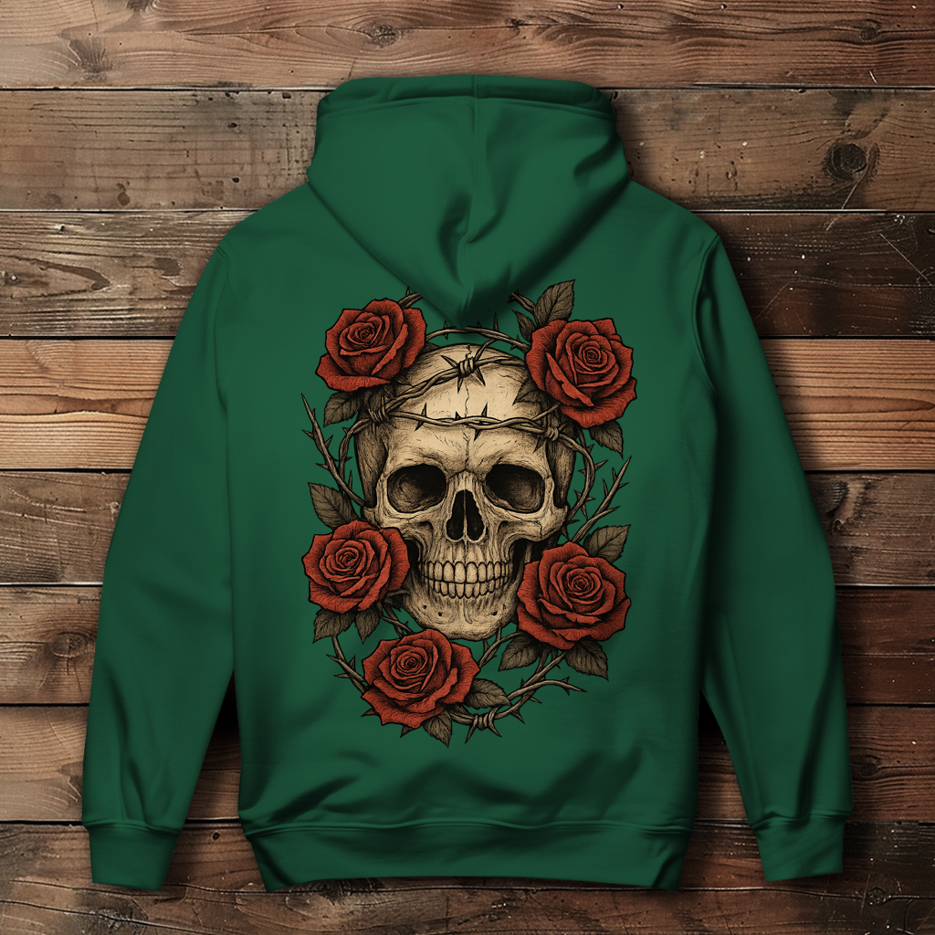 Damen Hoodie Schädel mit Stacheldraht und Rosen