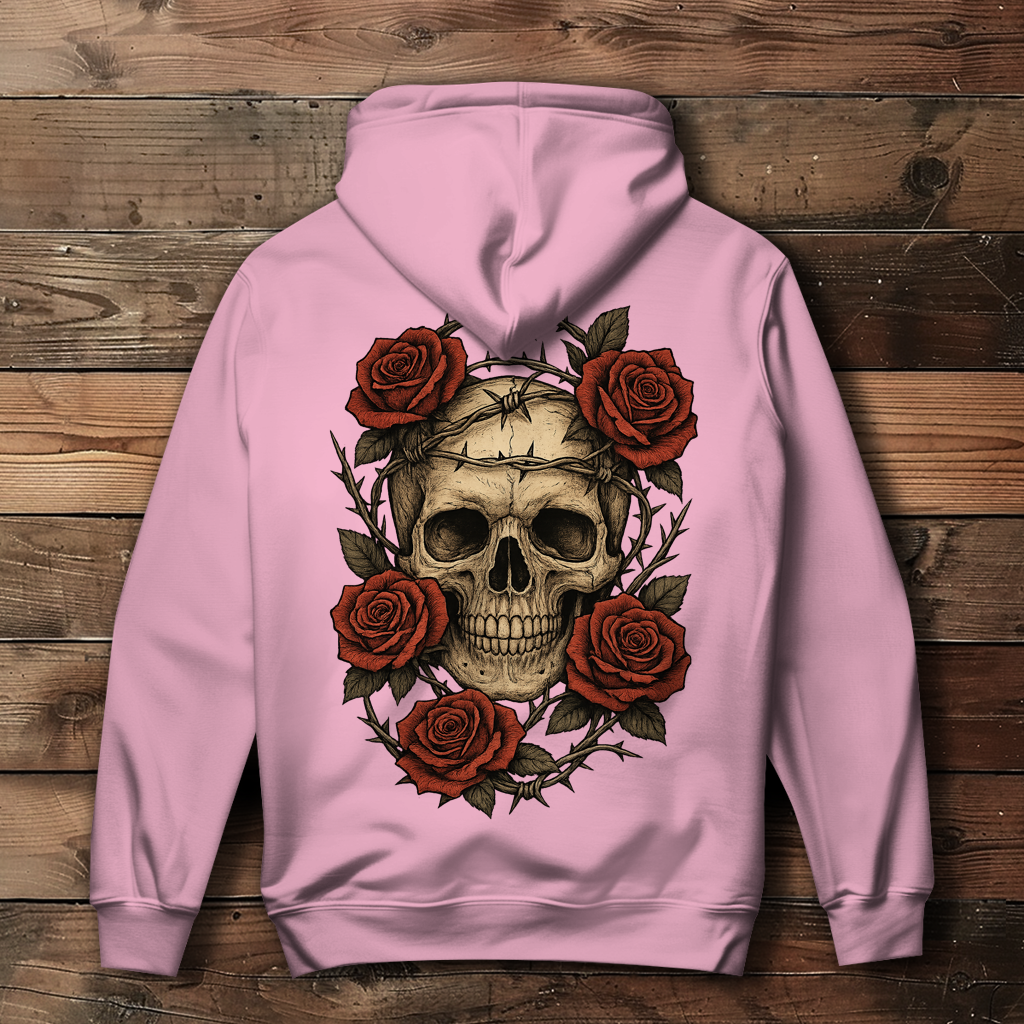 Damen Hoodie Schädel mit Stacheldraht und Rosen