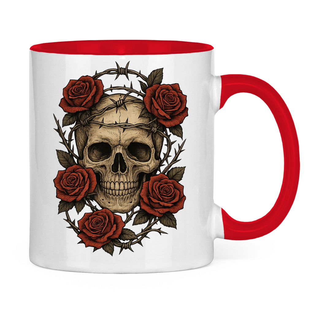 Tasse zweifarbig Schädel mit Stacheldraht und Rosen