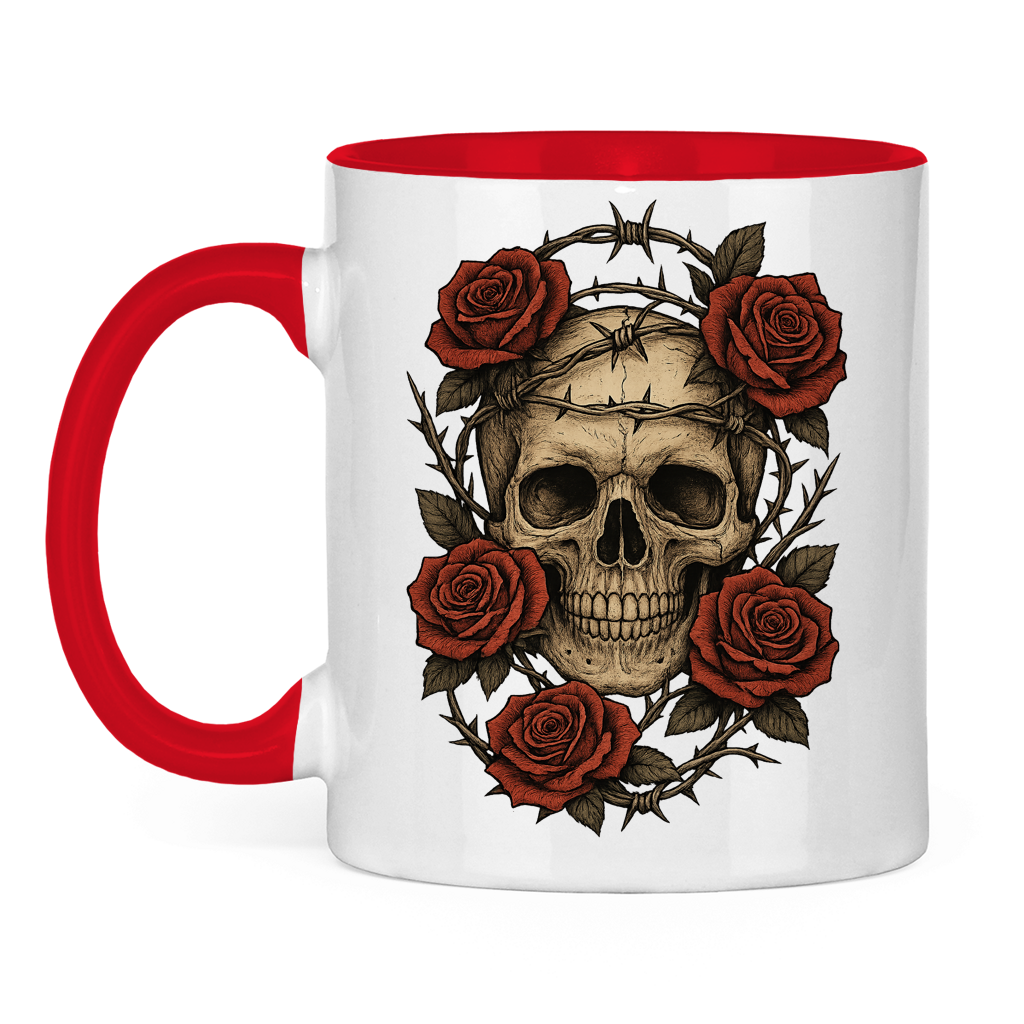 Tasse zweifarbig Schädel mit Stacheldraht und Rosen