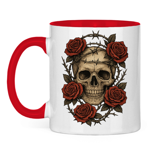 Tasse zweifarbig Schädel mit Stacheldraht und Rosen