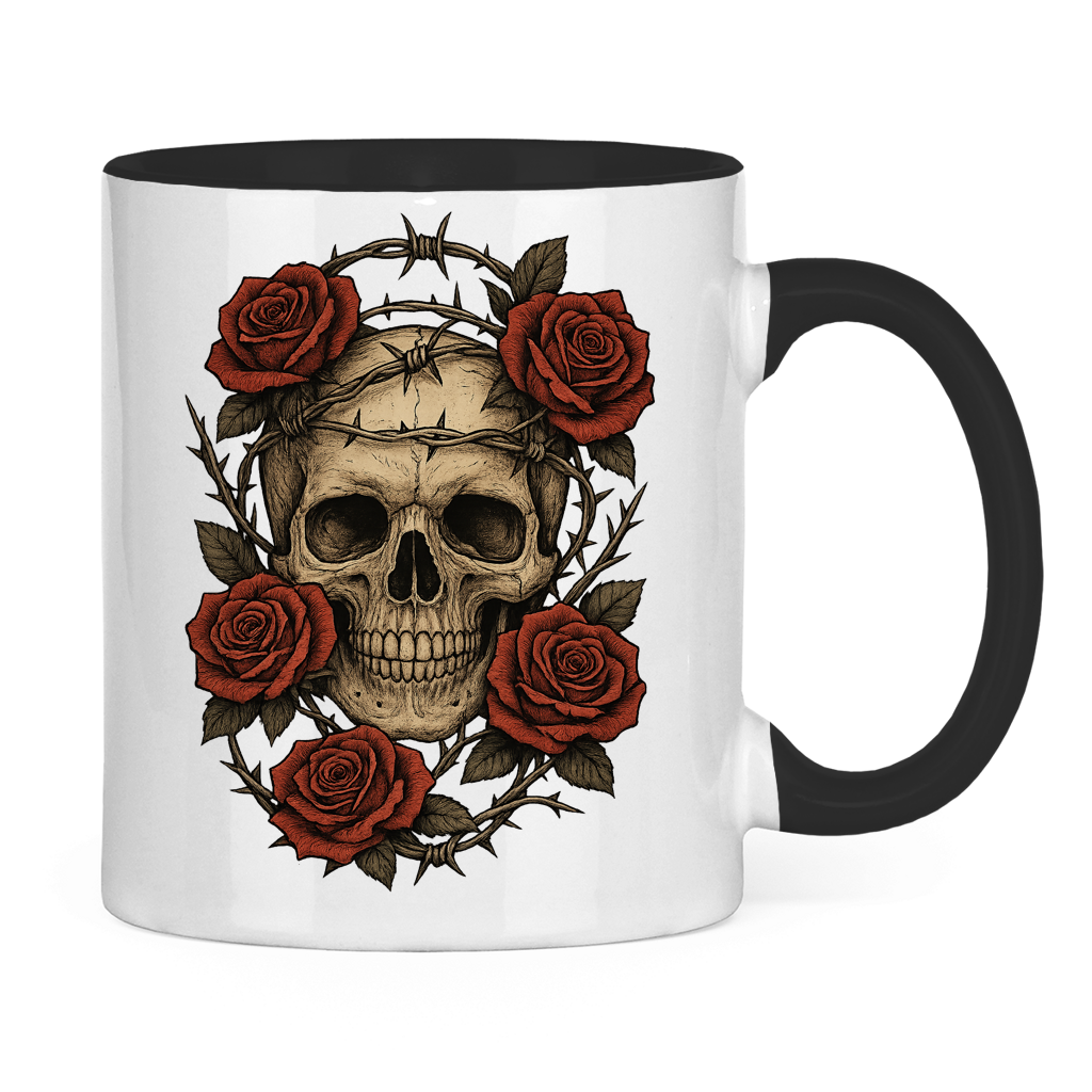 Tasse zweifarbig Schädel mit Stacheldraht und Rosen