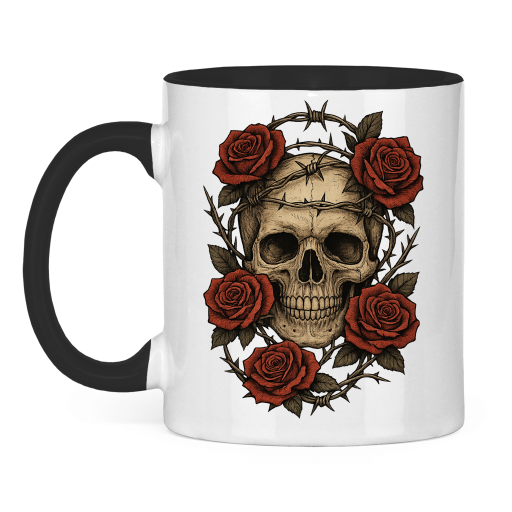 Tasse zweifarbig Schädel mit Stacheldraht und Rosen