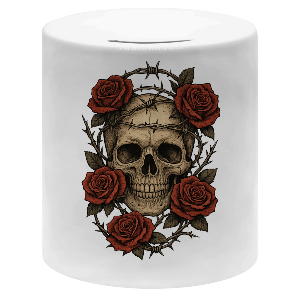 Money box Schädel mit Stacheldraht und Rosen