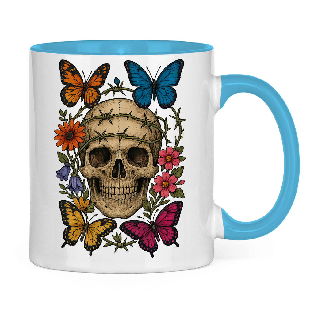 Tasse zweifarbig Schädel mit Stacheldraht und Schmetterlinge