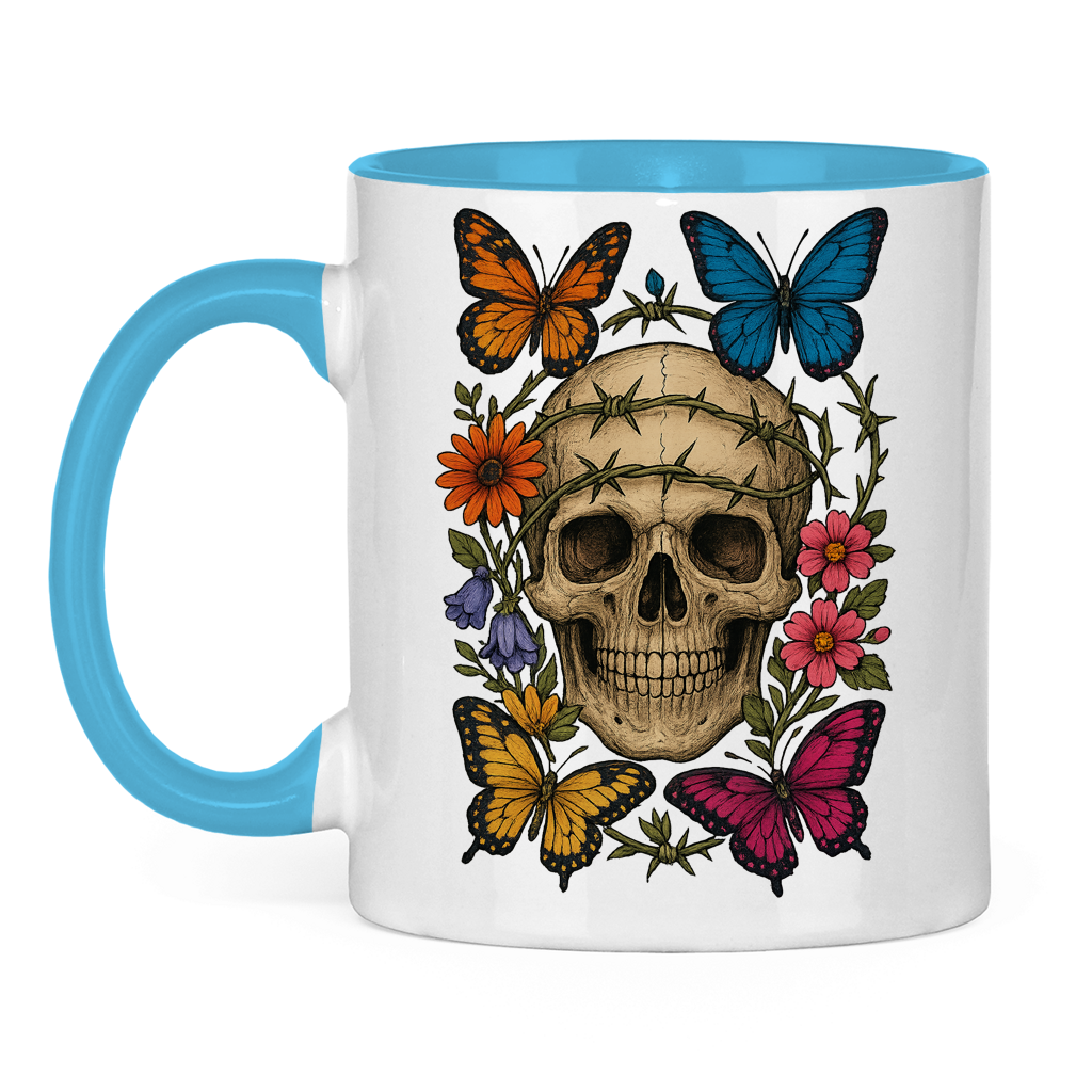 Tasse zweifarbig Schädel mit Stacheldraht und Schmetterlinge