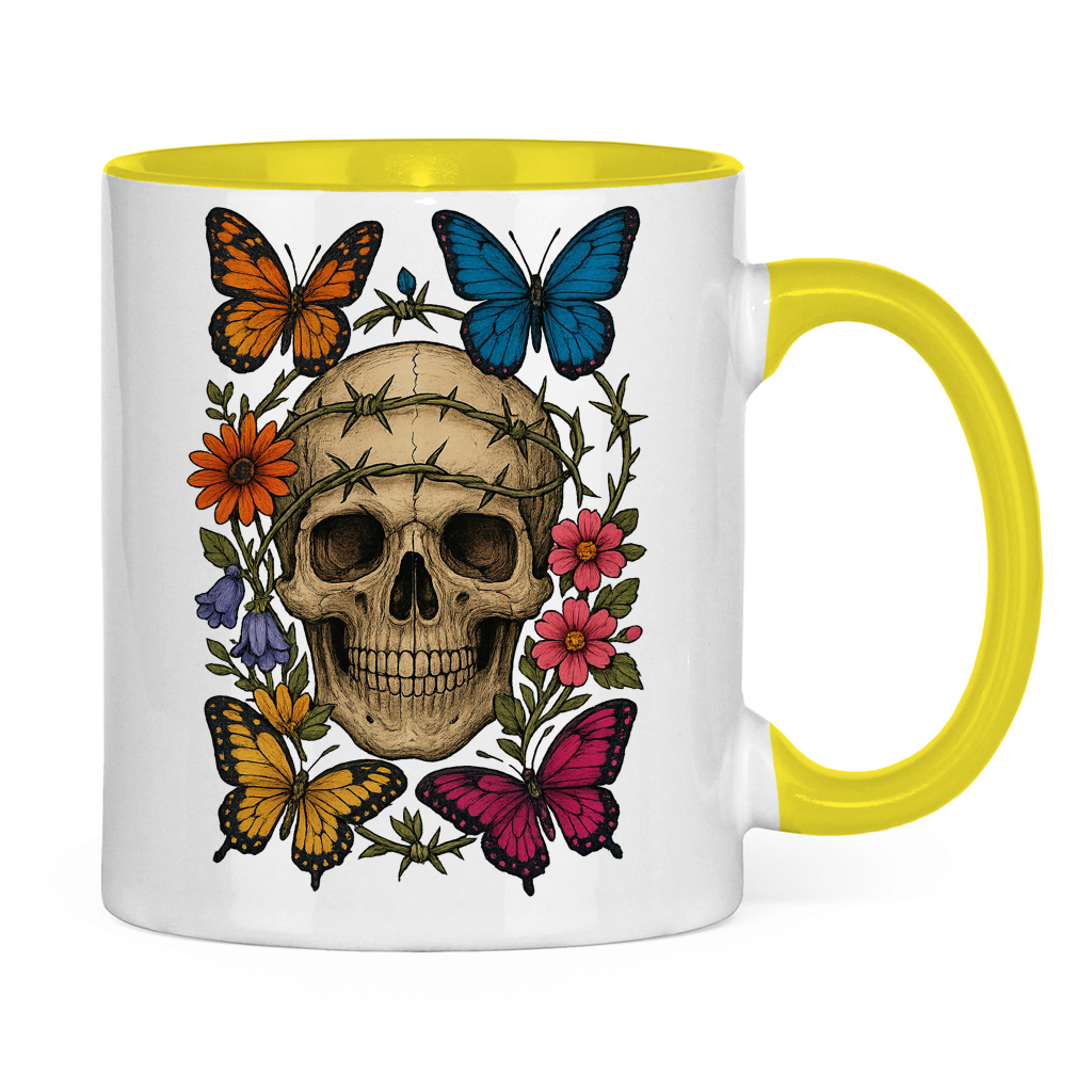 Tasse zweifarbig Schädel mit Stacheldraht und Schmetterlinge