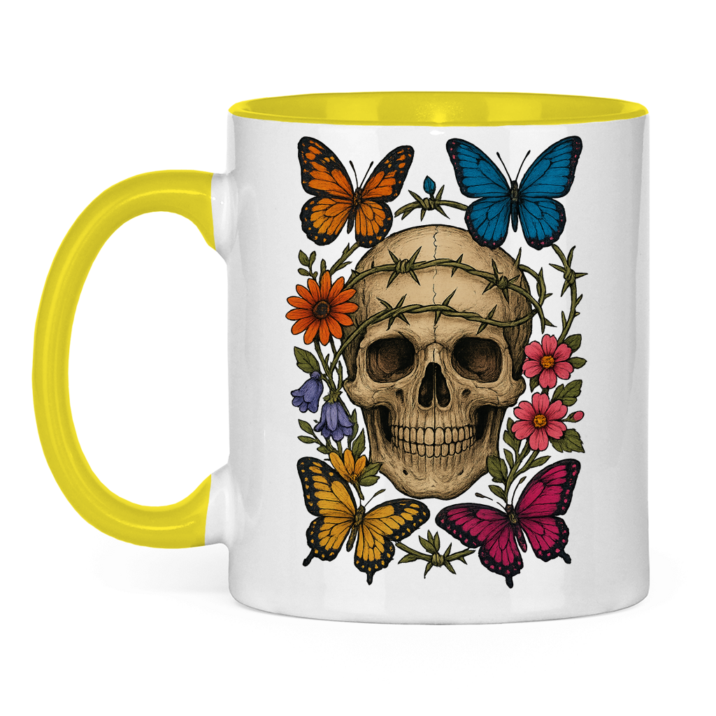 Tasse zweifarbig Schädel mit Stacheldraht und Schmetterlinge