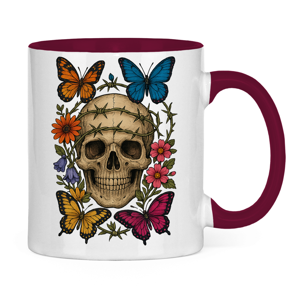 Tasse zweifarbig Schädel mit Stacheldraht und Schmetterlinge