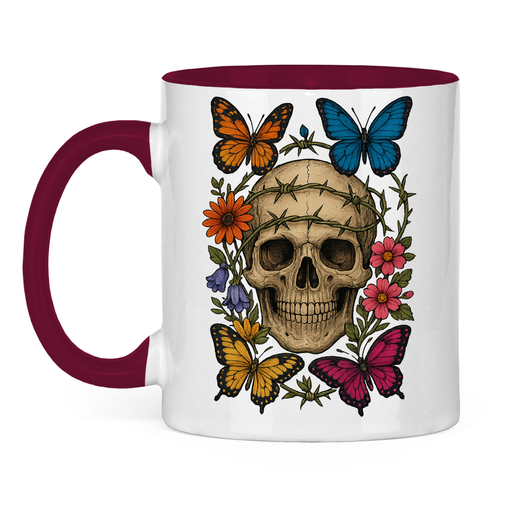 Tasse zweifarbig Schädel mit Stacheldraht und Schmetterlinge