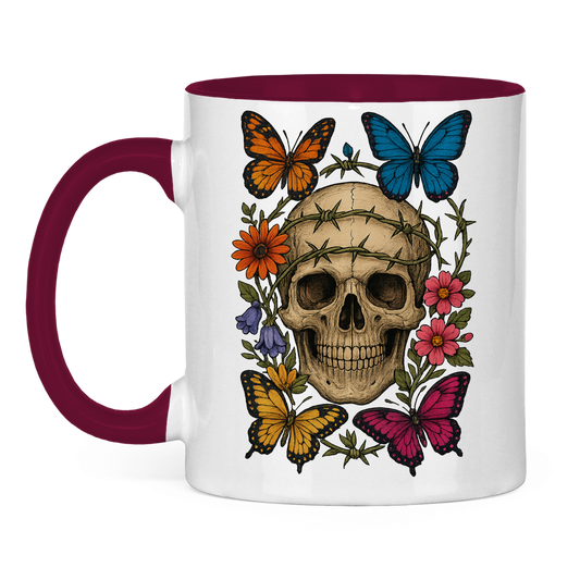 Tasse zweifarbig Schädel mit Stacheldraht und Schmetterlinge