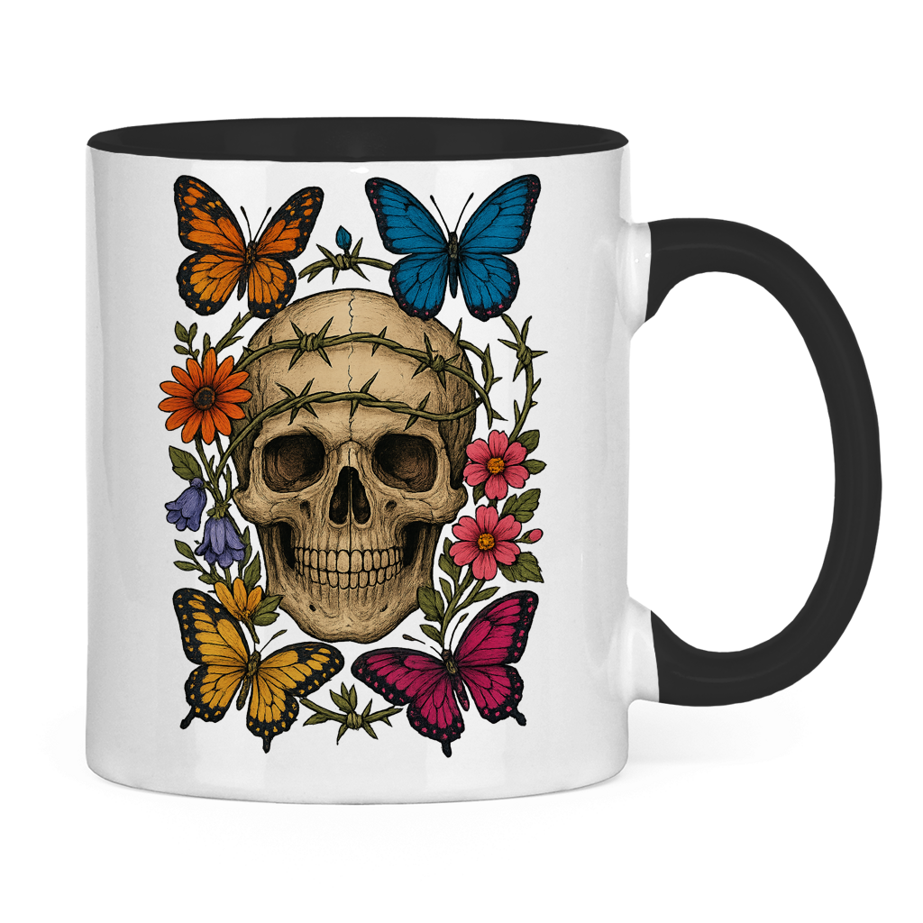 Tasse zweifarbig Schädel mit Stacheldraht und Schmetterlinge