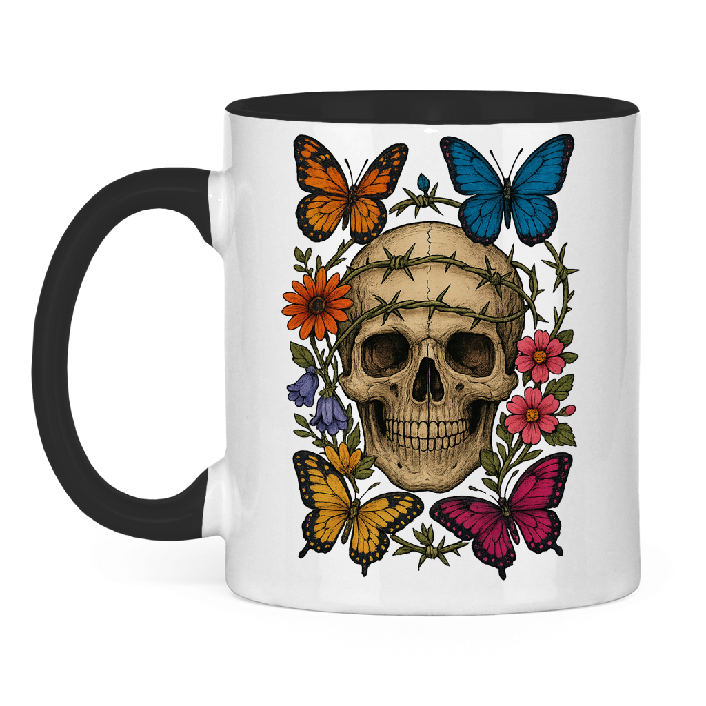 Tasse zweifarbig Schädel mit Stacheldraht und Schmetterlinge