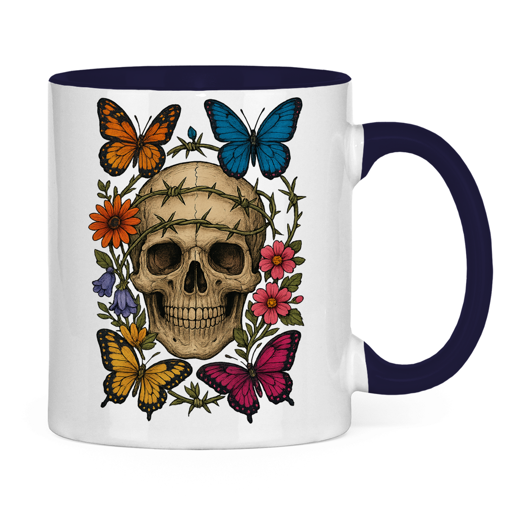 Tasse zweifarbig Schädel mit Stacheldraht und Schmetterlinge