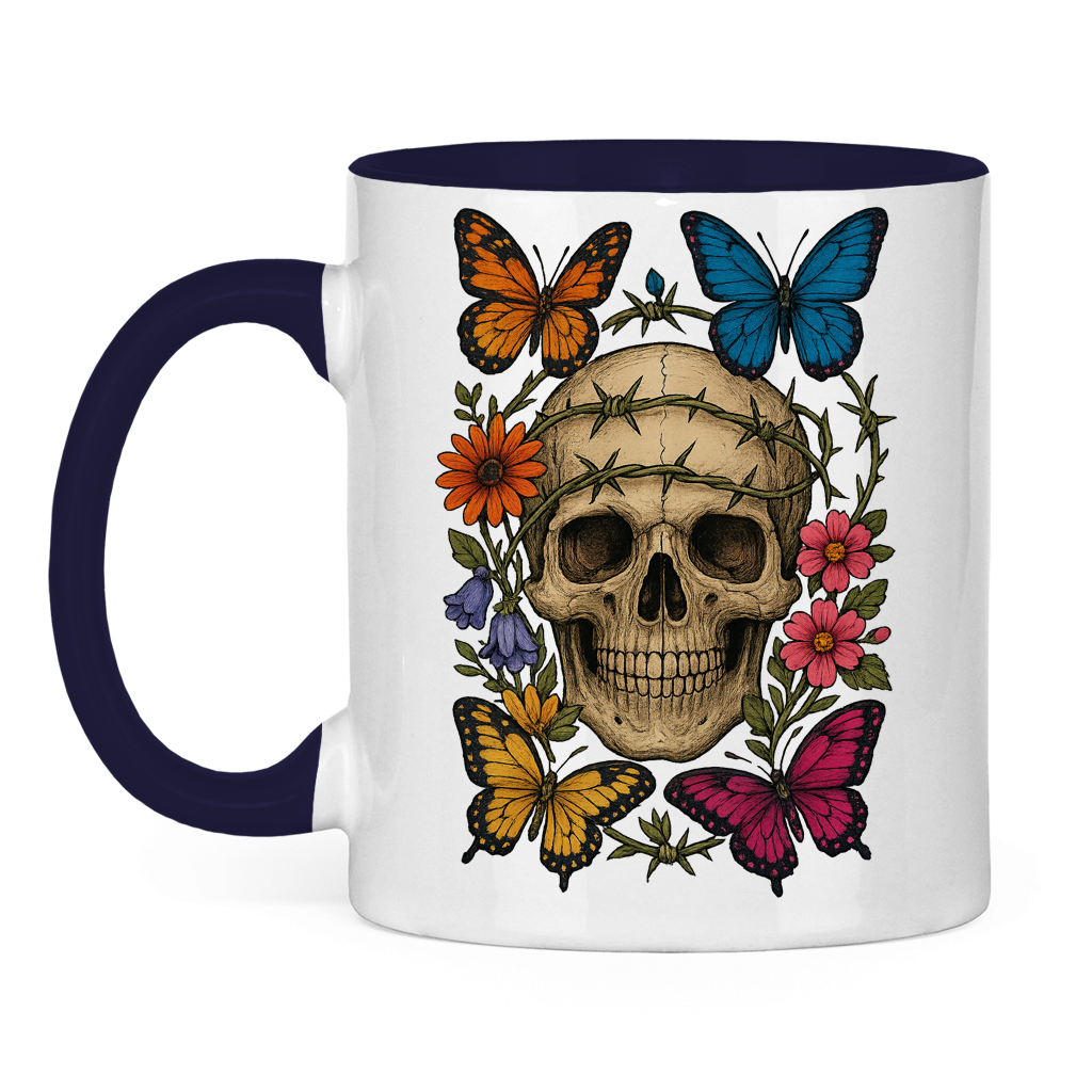 Tasse zweifarbig Schädel mit Stacheldraht und Schmetterlinge